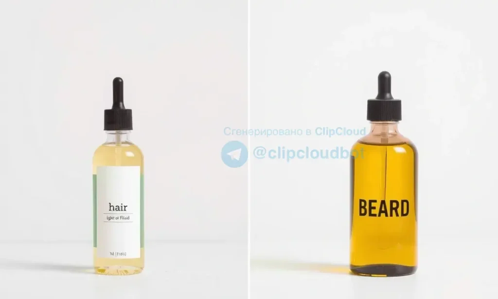 A split-screen comparison image showing two distinct bottles of oil. The left side features a bottle labeled for 'hair' with a lighter, more fluid texture, while the right side shows a bottle labeled for 'beard' with a richer, more viscous texture. The background is a clean, neutral studio setting to highlight the products and their differences in formulation.