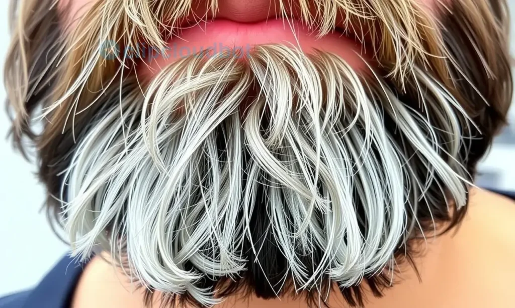 A close-up of a well-groomed beard with dry tips, highlighting the contrast between the healthy and dry parts. The beard should look natural and well-maintained, with a focus on the texture and condition of the hair. The background should be neutral and not distracting, allowing the beard to be the main focus.