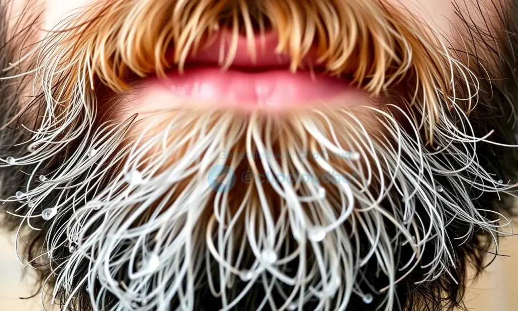 A close-up shot of a man's beard after washing, showing the beard's texture and how it looks clean and well-maintained. Focus on the beard's natural oils and how they contribute to its appearance.