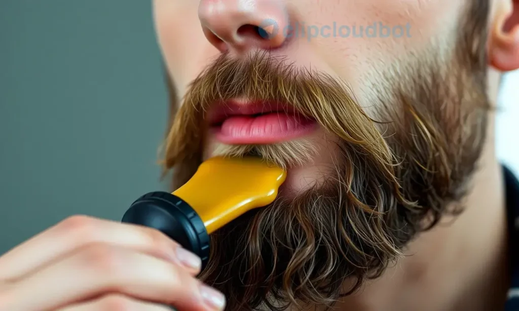 A close-up shot of a man applying beard wax to his beard. The man has a neutral expression. Focus on the texture of the wax and the beard.