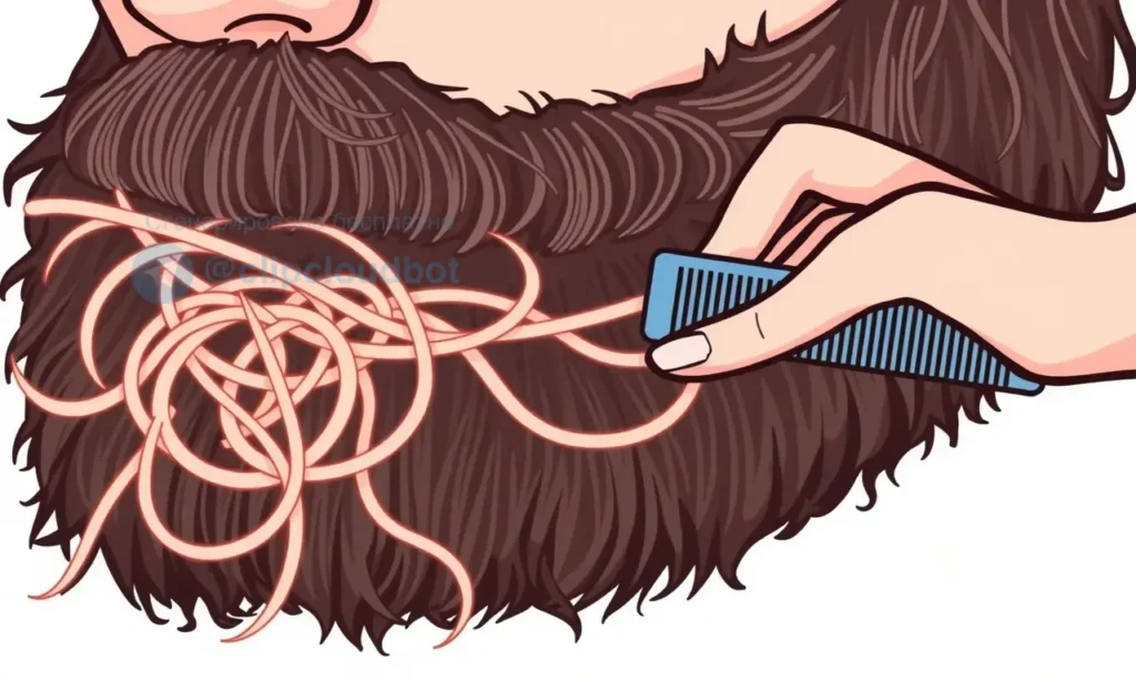 A close-up illustration showing a person's beard with tangled, knotted hair strands forming visible clumps, demonstrating the problem of a tangled beard. The image should depict the beard in a messy, disorganized state with strands intertwined in knots, clearly showing the need for untangling. Include a gentle hand using a wide-toothed comb or fingers to carefully separate the knots without pulling or causing damage, emphasizing a safe, non-harmful method. The background should be simple and neu