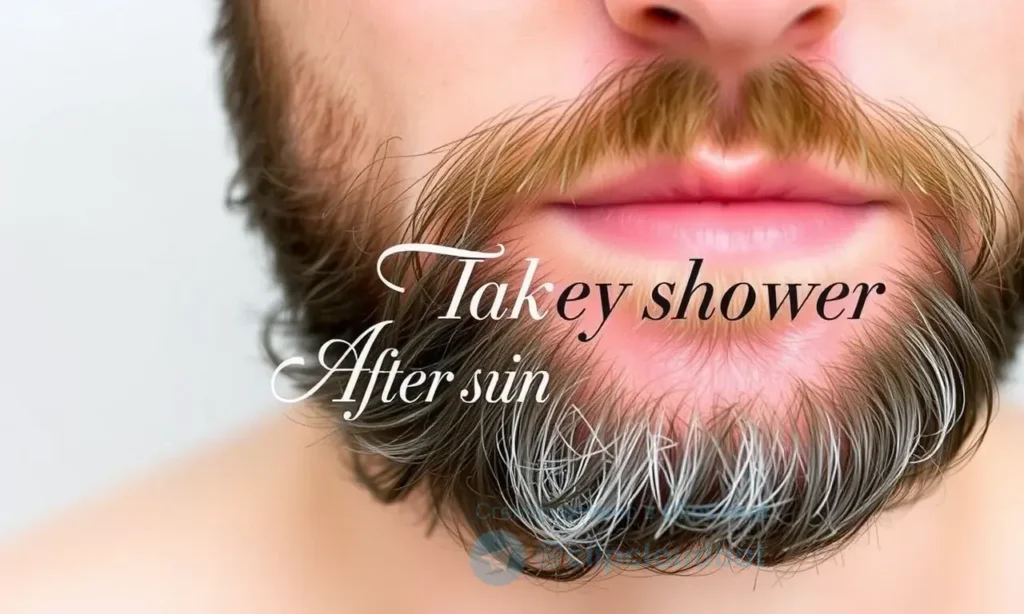 A close-up image of a man with a beard, showing dry and flaky skin under the beard after a shower. The skin should appear slightly red and irritated, with visible flakes. The beard should be well-groomed but with some areas where the skin is exposed. The background should be neutral, focusing on the skin and beard.