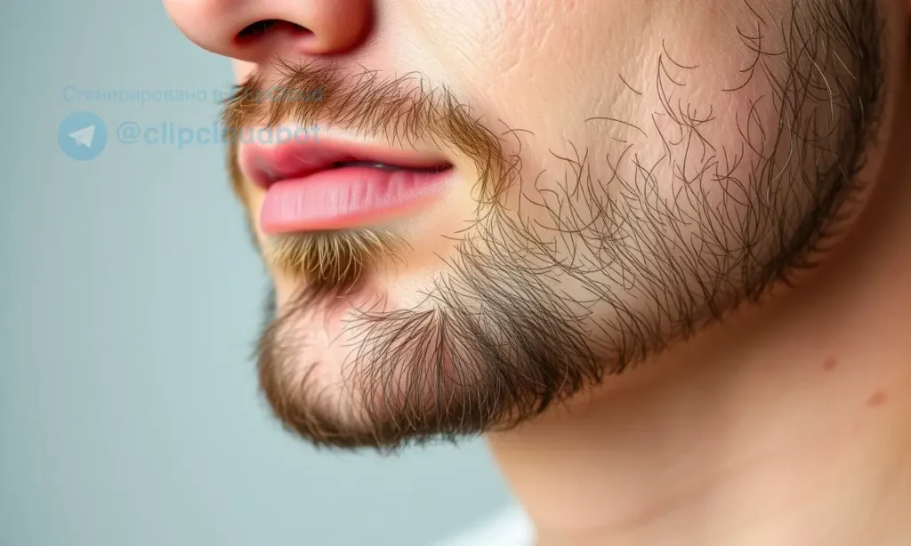 Close-up image of a man's chin and jawline. The skin under his beard appears slightly irritated or congested, with subtle redness. Focus on the texture of the skin and the beard hairs. The lighting should be soft and natural, highlighting the skin's condition without being harsh. The background should be blurred and neutral.