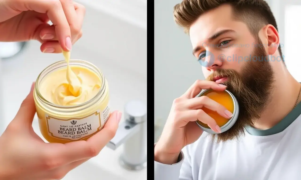 A split-screen comparison image showing beard care products. On the left, a jar of beard balm with a smooth, creamy texture being applied to a well-groomed beard. On the right, a tin of beard wax with a firmer, more solid texture being used for styling. The background is a clean, modern bathroom setting with soft, natural lighting. The focus is on the texture and application of the two different products.