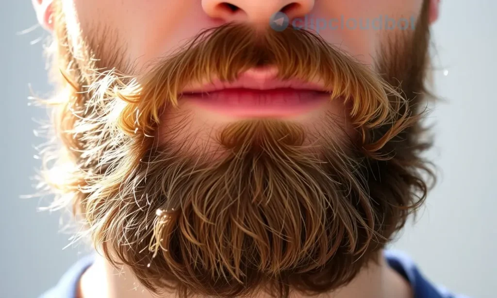 A close-up photo of a man's beard, with sunlight highlighting the lighter areas and showing the natural variation in hair color. The beard should appear healthy and well-groomed.