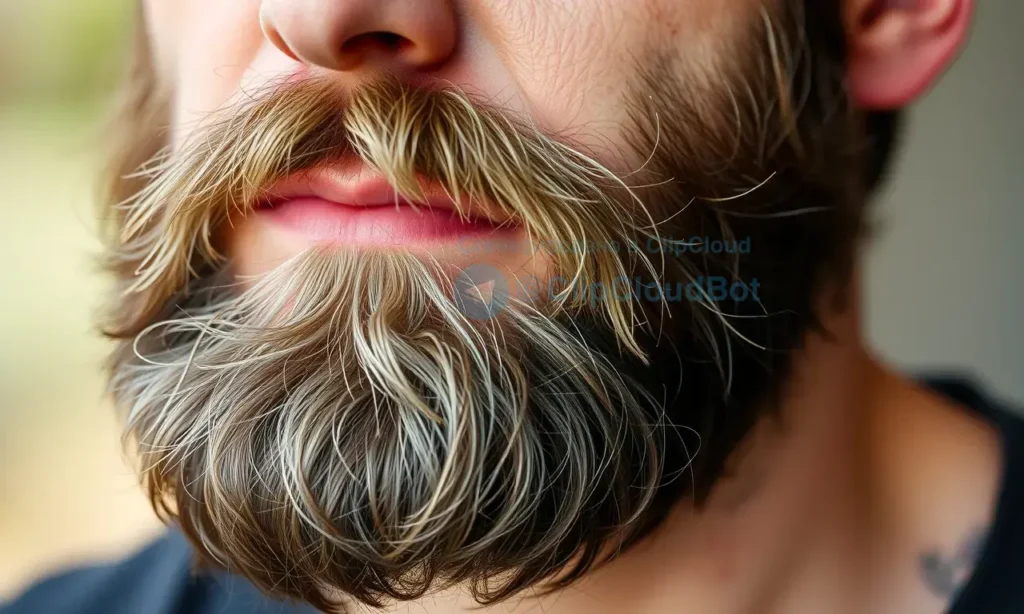 A man's beard showing signs of dryness and dullness over time, with split ends and lack of shine, set against a soft natural background, realistic lighting, no text or labels