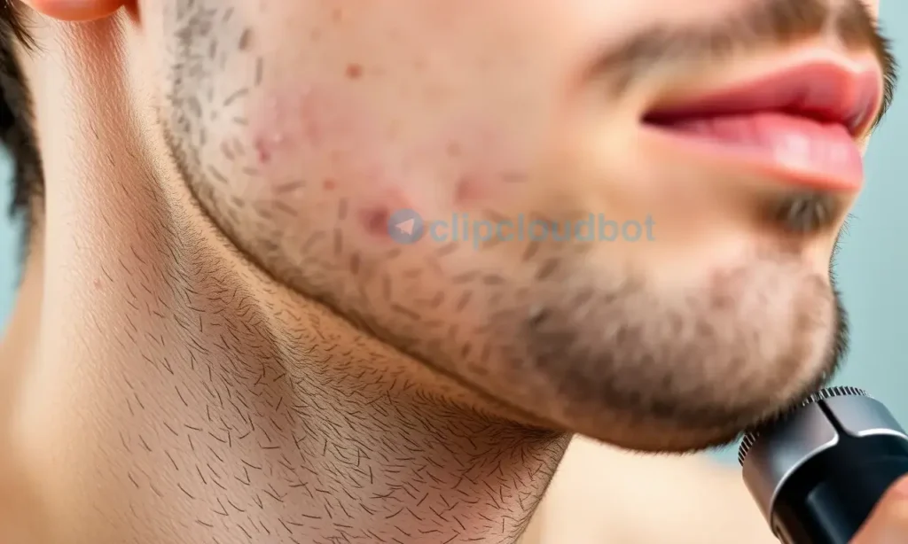 A close-up, high-quality photograph of a man's lower face and neck, showing the skin immediately after shaving with an electric trimmer. The focus is on the texture of the skin, highlighting areas of slight redness, dryness, and minor irritation around the jawline and neck, which are common after contouring a beard. The lighting is soft and natural, emphasizing the skin's condition without any harsh shadows or artificial effects. No text, logos, or watermarks are present in the image.