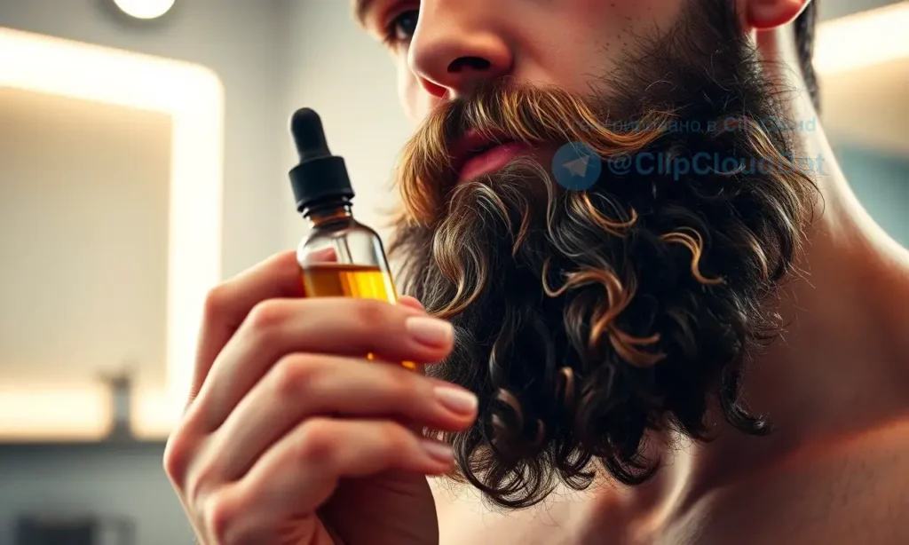 A high-quality, close-up shot of a man with a well-groomed, thick beard. He is holding a small, elegant bottle of beard oil in one hand and gently applying it to his beard with the other. The lighting is soft and warm, highlighting the texture of the beard and the clarity of the oil. The background is a blurred, neutral-toned interior, suggesting a modern bathroom or grooming space. The overall mood is one of care, sophistication, and self-maintenance.