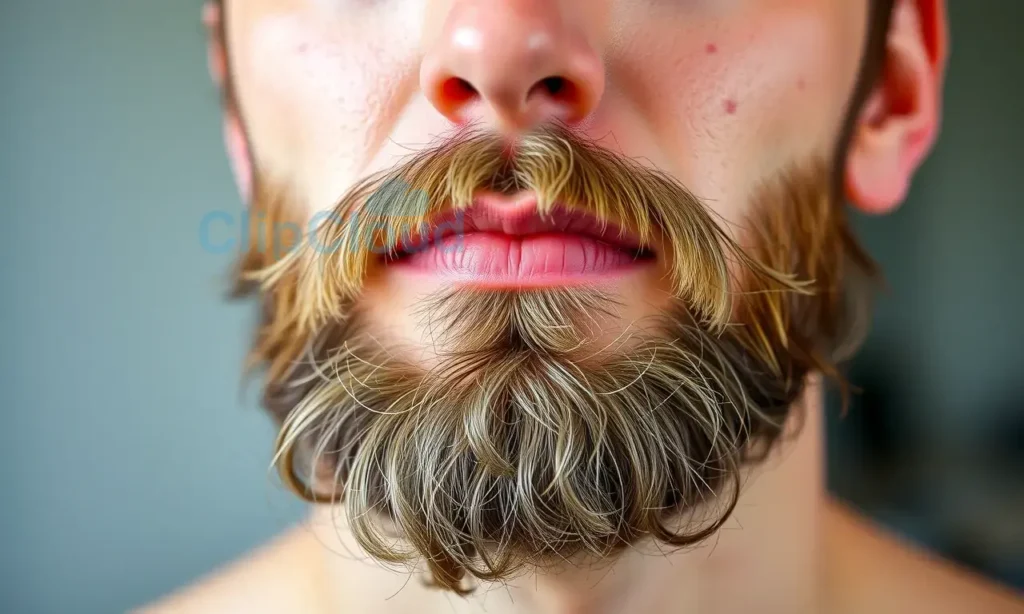 A well-groomed man with a beard that has dry ends, showcasing the contrast between the healthy skin on his face and the dry tips of his beard. The beard should appear slightly unkempt at the ends to emphasize the dryness. The man should have a neutral expression, and the focus should be on the beard's condition.