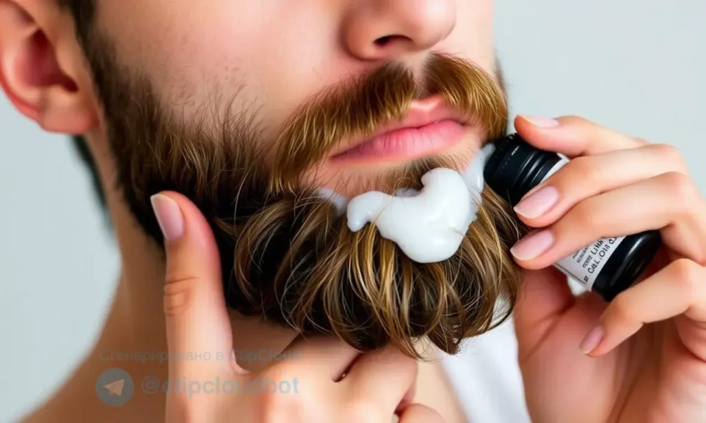 A man grooming his beard with proper skincare routine, showing clean skin under the beard, using beard oil and balm, avoiding harsh products, with a focus on healthy skin and well-maintained facial hair