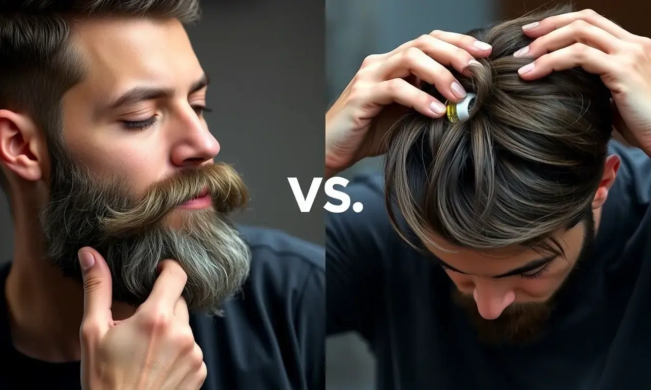 A detailed comparison of using hair oil on a beard versus on regular hair. Show a split image: on the left side, a man applying hair oil to his beard, highlighting the texture and shine it provides. On the right side, the same man applying hair oil to his hair, showing the difference in application and effect. The image should emphasize the differences in the composition and how it interacts with beard hair versus scalp hair.