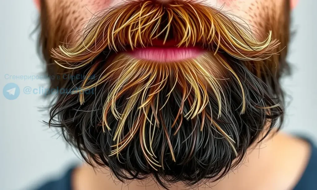 A close-up, detailed image of a man's beard showing both healthy and brittle/dull strands. The healthy strands should appear thick, full, and shiny, while the brittle strands should look thin, dry, and lacking luster. Focus on the texture and contrast between the two types of beard hair. The background should be blurred and neutral.