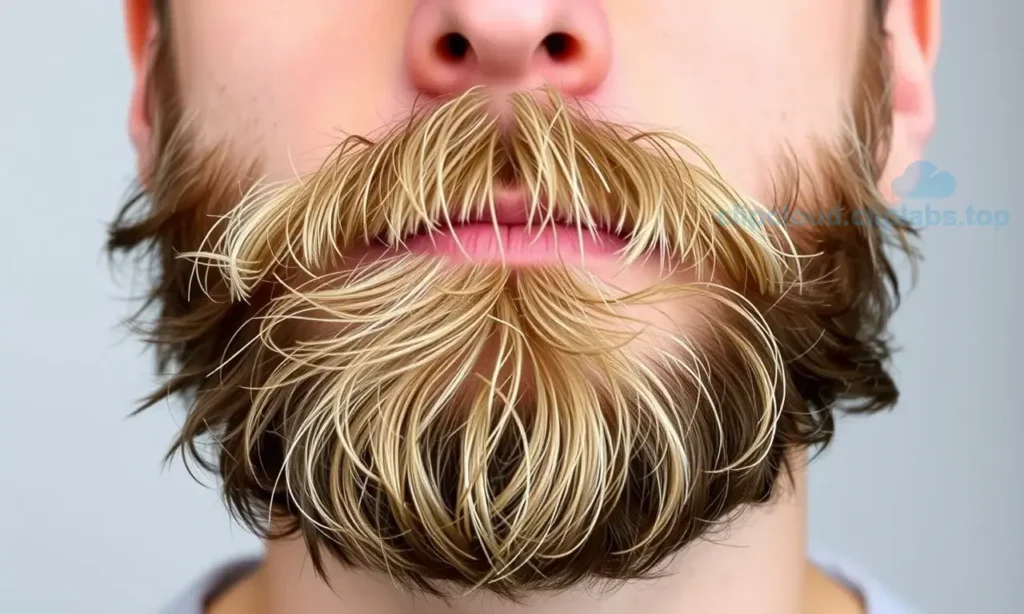 A close-up of a man's face showing a beard that appears unkempt and messy just one hour after being styled, with visible stray hairs, uneven length, and lack of grooming, set against a neutral background to emphasize the beard's condition