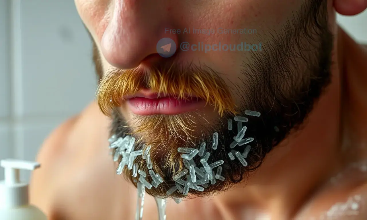 A close-up of a man's beard with visible dirt and oil residue despite recent washing, showing ineffective cleansing, with a confused expression on his face, soft natural lighting, realistic skin and hair texture, bathroom setting with a shampoo bottle nearby