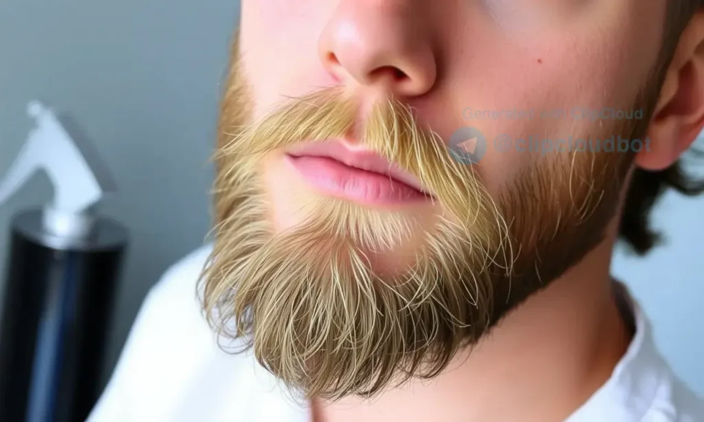 A close-up of a man with a newly grown beard, showing the texture and slight redness of the skin underneath. The beard should be short and stubbly, indicating the early stages of growth. The man should have a neutral expression, with the focus on the beard and the skin. The background should be simple and uncluttered, perhaps a plain wall or a barber shop setting.