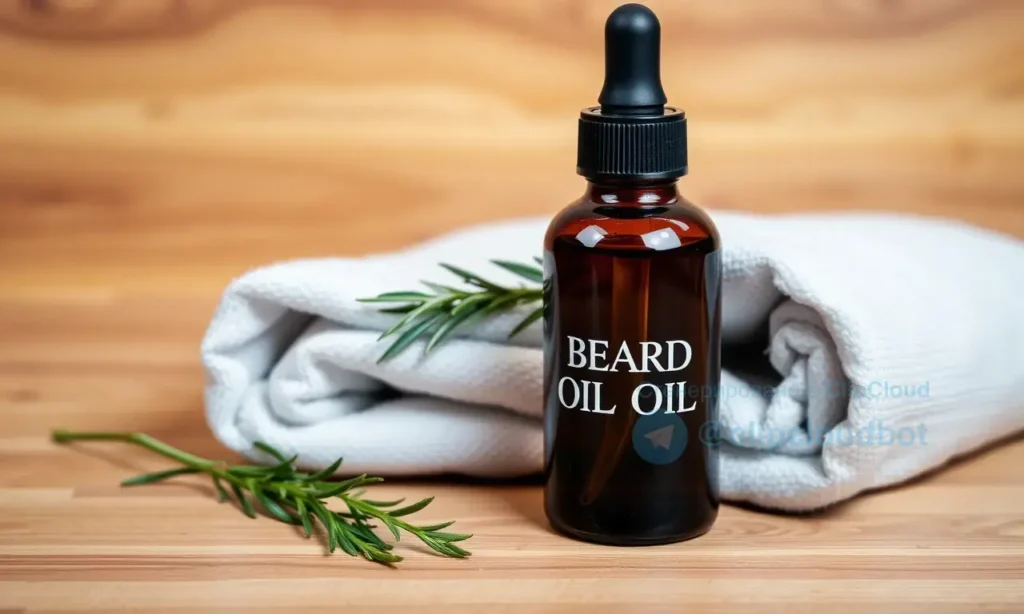 A high-quality, professional product shot of a beard oil bottle on a wooden surface. The bottle is made of dark amber glass with a sleek, metallic dropper cap. Next to the bottle, there is a small, neatly folded white towel and a few sprigs of fresh green herbs, possibly rosemary or mint, to suggest natural ingredients. The background is a soft, out-of-focus blur of warm, earthy tones, creating a clean and sophisticated aesthetic suitable for a beauty or grooming product review.