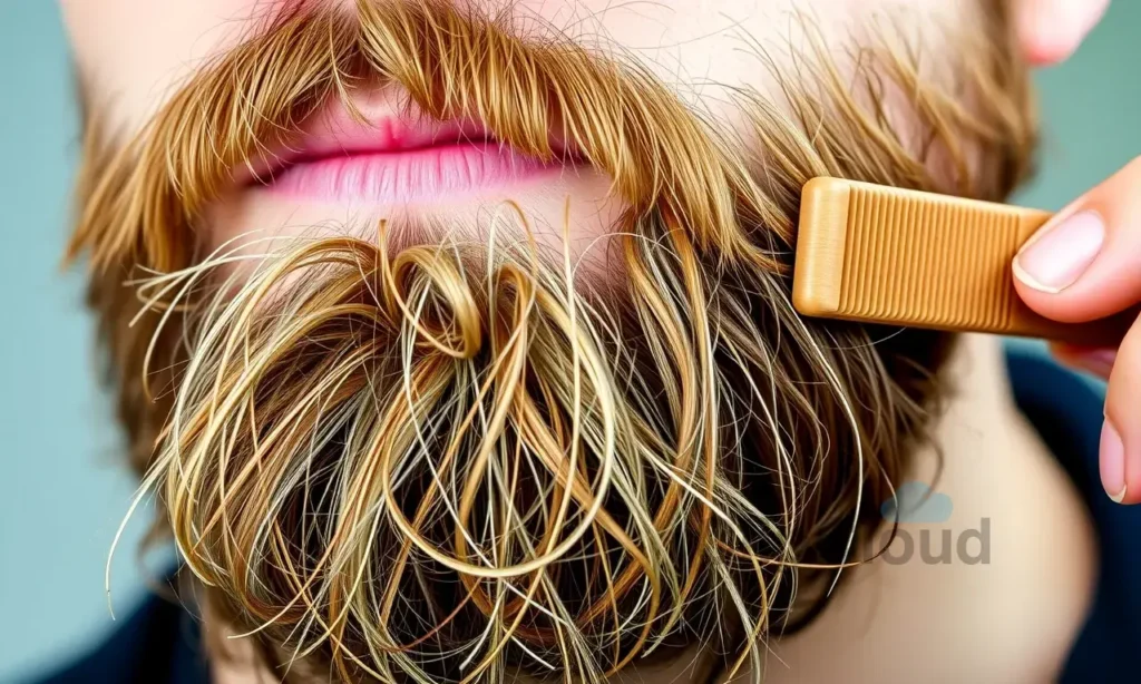 A close-up of a well-groomed man's beard with visible tangles and knots, showing the process of gently untangling it using a beard brush and comb, with natural lighting and realistic texture, no text or symbols on the beard