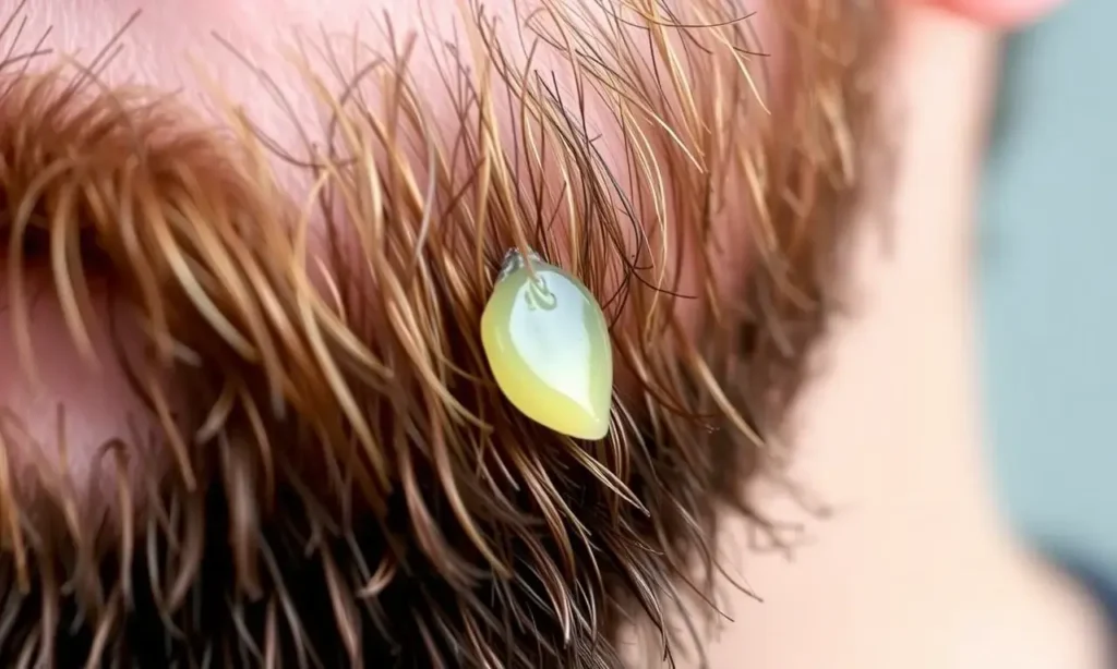 A close-up shot of a man's beard with a small amount of beard wax applied, showing how it holds the hairs together. Focus on the texture of the beard and the wax.