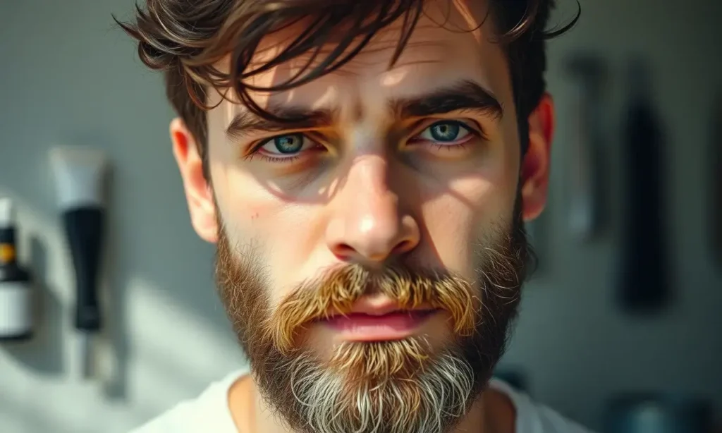 A man with a dry, brittle, and dull beard, showing signs of neglect, standing in natural daylight with a subtle contrast between well-maintained facial hair on one side and unkept beard on the other, realistic skin texture, soft shadows, professional grooming environment in background