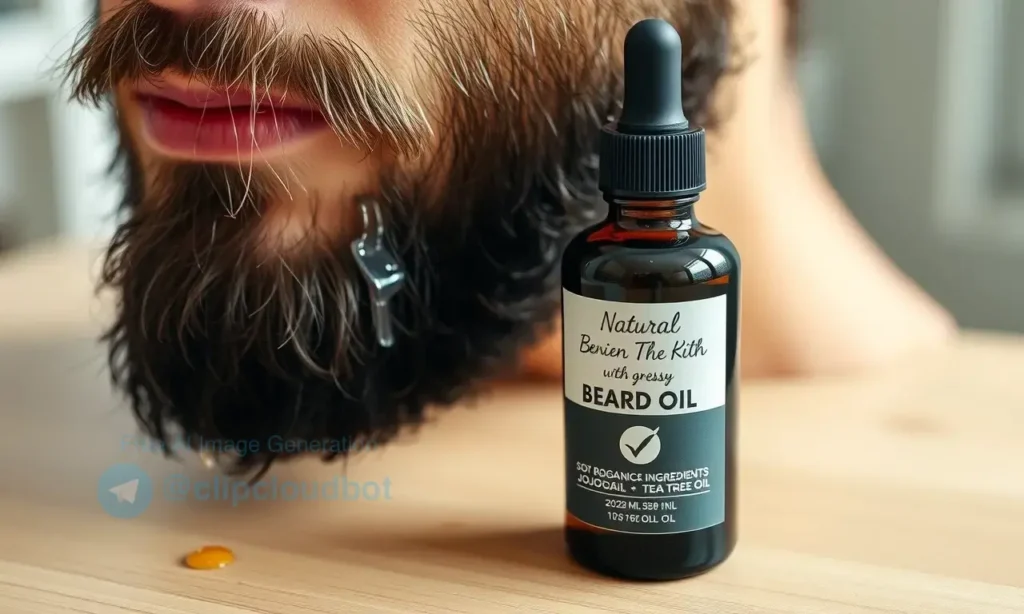 A natural, non-greasy beard oil bottle with soft botanical ingredients like jojoba and tea tree oil, placed on a clean wooden surface with a few drops of oil glistening on a man's beard, subtle skin texture showing healthy skin beneath the beard, soft natural lighting, minimalistic and hygienic aesthetic