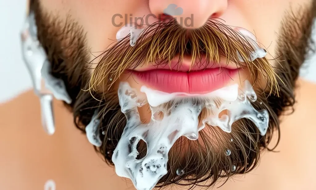 A close-up, high-quality shot of a man's face, focusing on his beard. He is in the process of washing his beard with water and a gentle cleanser, creating a rich lather. The water is clear, and there are no visible white residue or waxy film left on the beard, demonstrating a clean wash. The lighting is bright and even, highlighting the texture of the beard and the cleanliness of the skin.
