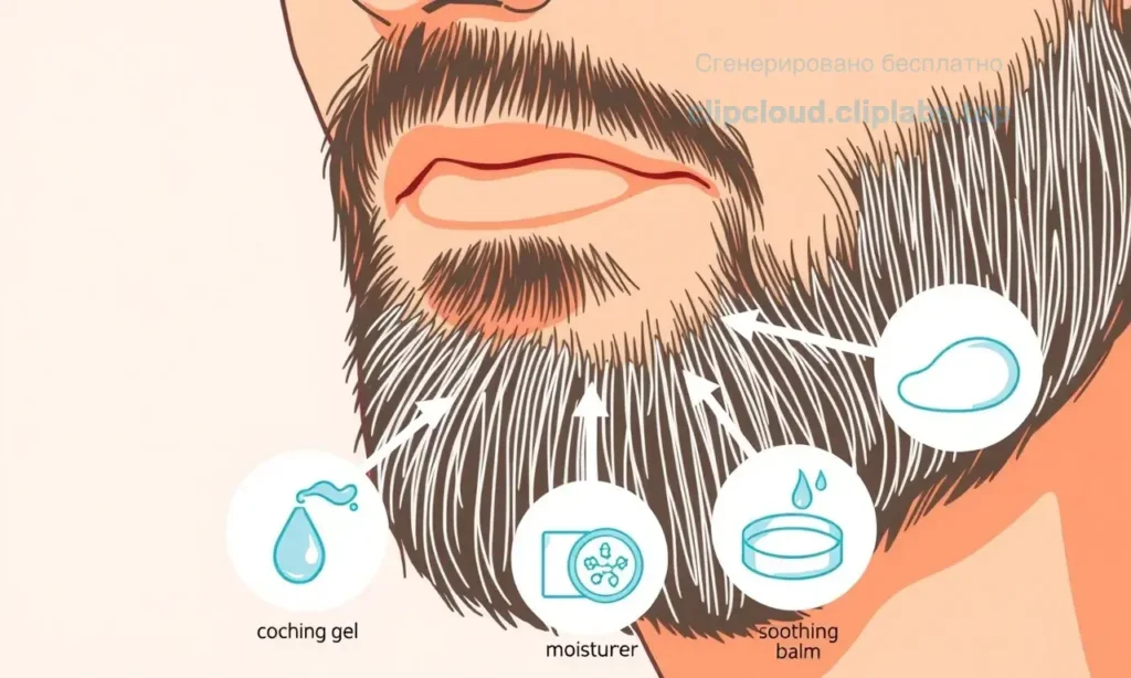 A close-up illustration showing a man's face with a beard, focusing on the skin under the beard where itching and dryness are visible, with arrows pointing to affected areas and icons representing relief (like cooling gel, moisturizer, and soothing balm), in a clear medical or health guide style