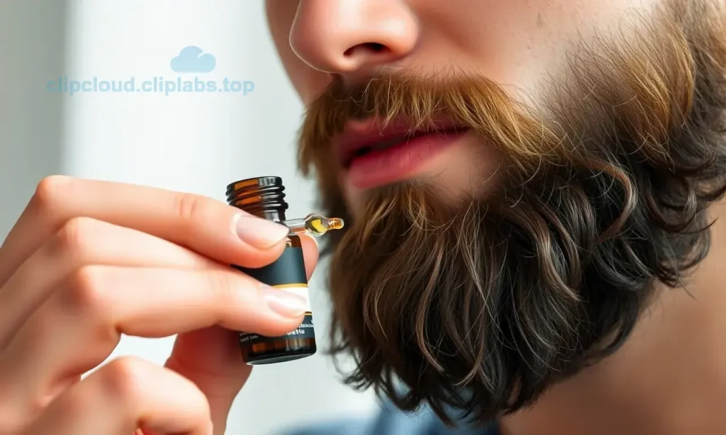 A close-up, high-quality shot of a man with a well-groomed beard applying beard oil. He is holding a small dropper bottle and carefully applying the oil to his beard. The focus is on the action of application and the texture of the beard. The lighting is soft and natural, highlighting the sheen of the oil and the health of the beard.