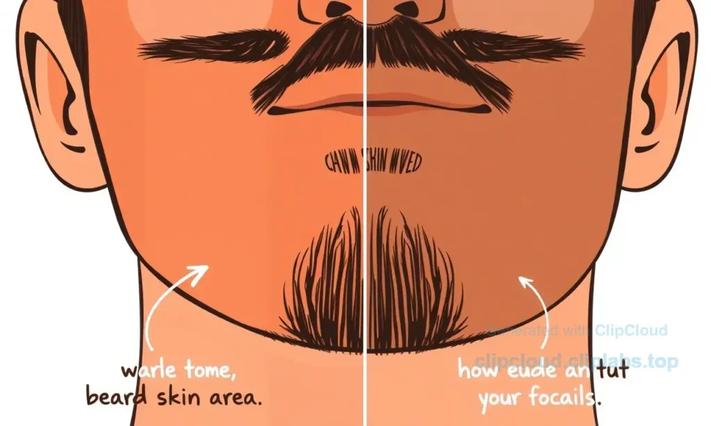 A close-up illustration showing a man's face with a beard, highlighting the difference in skin tone between the beard area and the facial skin, with a clear visual comparison to explain why the beard area is darker and how to even out the skin tone