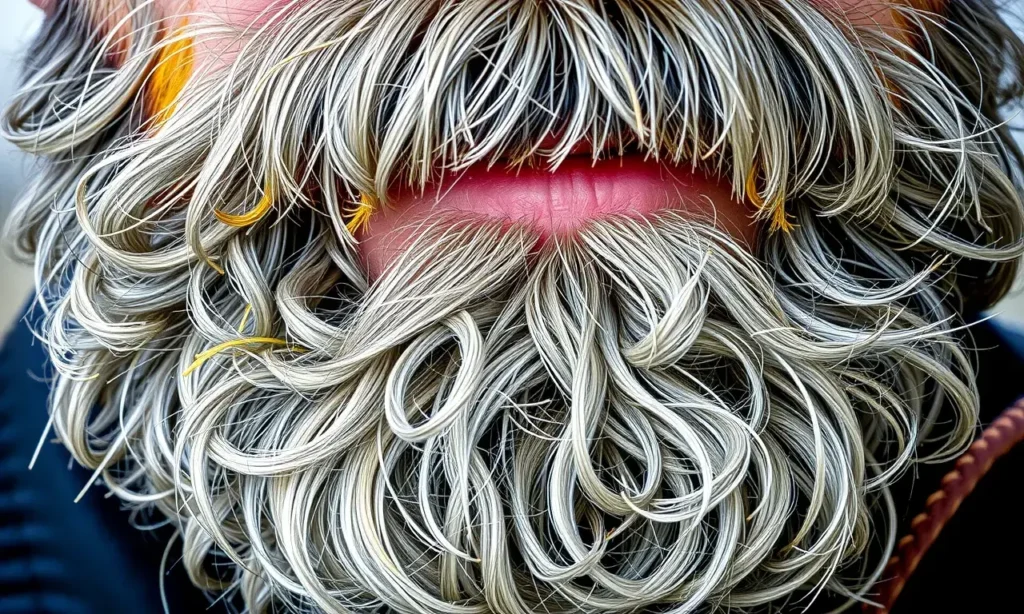 A close-up of a gray beard with visible yellowing stains, focusing on the texture and discoloration without any text or labels. The beard should appear natural and realistic, highlighting the contrast between the gray hairs and the yellowish tint.