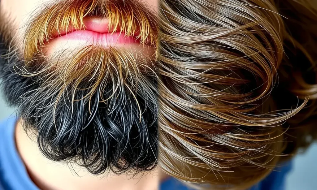 Close-up of a man's beard and hair, side-by-side comparison. The beard should appear thicker and coarser, with visible individual hairs. The hair should appear softer and finer. Focus on the texture difference. Natural lighting.