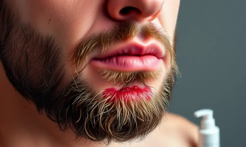 A close-up portrait of a man's lower face showing a beard with visible skin irritation underneath: redness, flaky patches, and clogged pores, highlighting the effects of cosmetic overload. Include subtle visual cues like a nearby cosmetic bottle and a gentle lighting that emphasizes the texture of the skin.