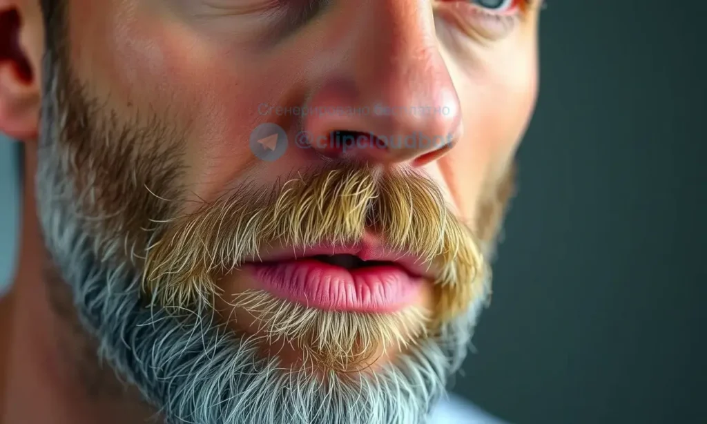 A close-up, high-quality photograph of a man's face, focusing on the area under his beard. The skin in this region appears slightly red and irritated, indicating a reaction. The man has a neutral, concerned expression. The lighting is soft and natural, highlighting the texture of the skin and the beard. The background is a blurred, neutral color to keep the focus on the subject.