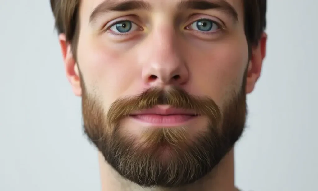 A close-up, realistic portrait of a man with a neatly trimmed beard, showcasing the texture and detail of the facial hair. The man has a neutral expression, looking directly at the viewer. The lighting is soft and even, highlighting the beard's nuances.