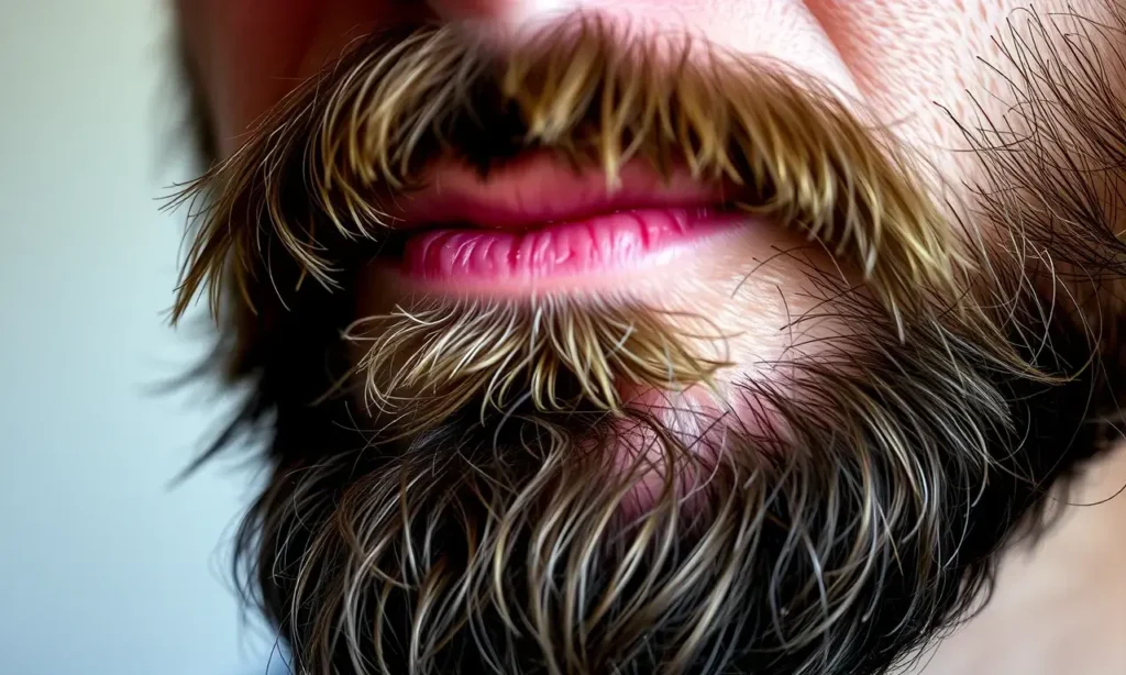 Close-up image of a man with a beard, showing flaky skin under the beard. Focus on the texture of the skin and the flakes. Soft, natural lighting.