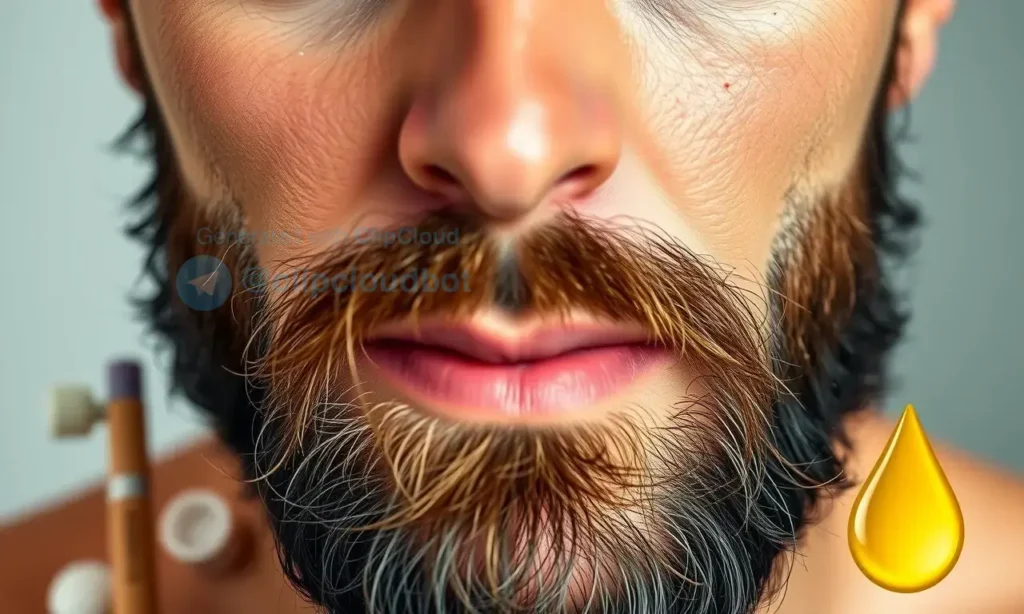 A close-up portrait of a man with a well-groomed beard, focusing on the skin underneath. The left side shows healthy, hydrated skin with a subtle glow, while the right side displays irritated, flaky skin indicating overuse of cosmetic products. Around the man are natural skincare items such as a gentle cleanser, a soft brush, and a drop of natural oil, suggesting proper care. The lighting is soft and natural, emphasizing texture and contrast between the two skin conditions without any text or sy