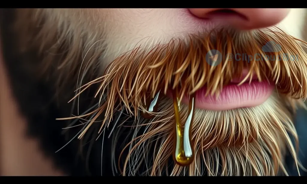 A close-up of a well-groomed man's beard with visible oily shine and droplets of excess oil, realistic texture, natural lighting, high detail, 720p resolution