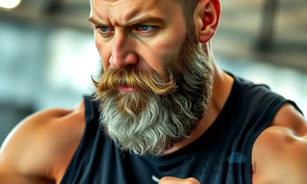 A man with a well-groomed beard is exercising intensely, sweating, and wearing athletic clothing. The focus is on the beard and the man's face, showing the effects of sweat. The background is blurred to emphasize the subject.