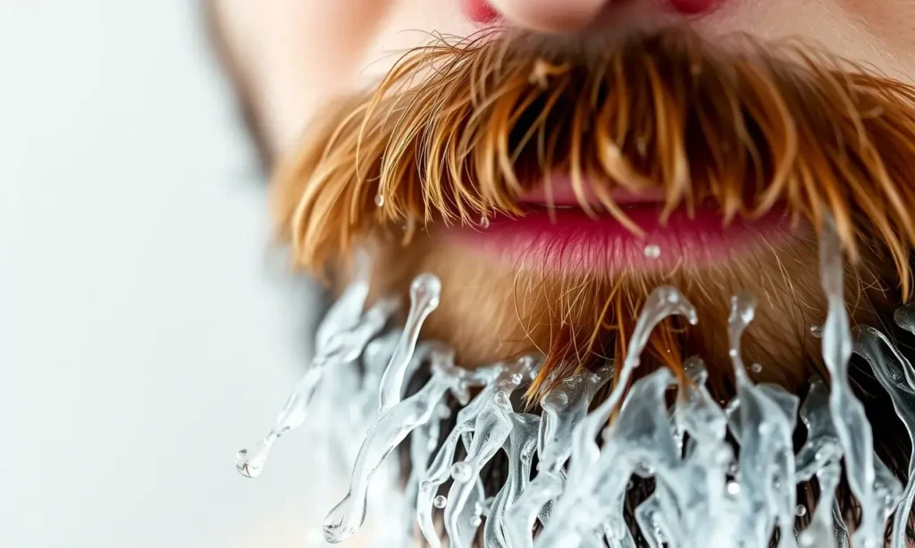 A close-up shot of a man's beard after washing. The beard is slightly damp and has a natural texture. Focus on the details of the beard, showing individual strands and the way the water has cleansed it. The lighting should be soft and natural, highlighting the beard's texture and color.