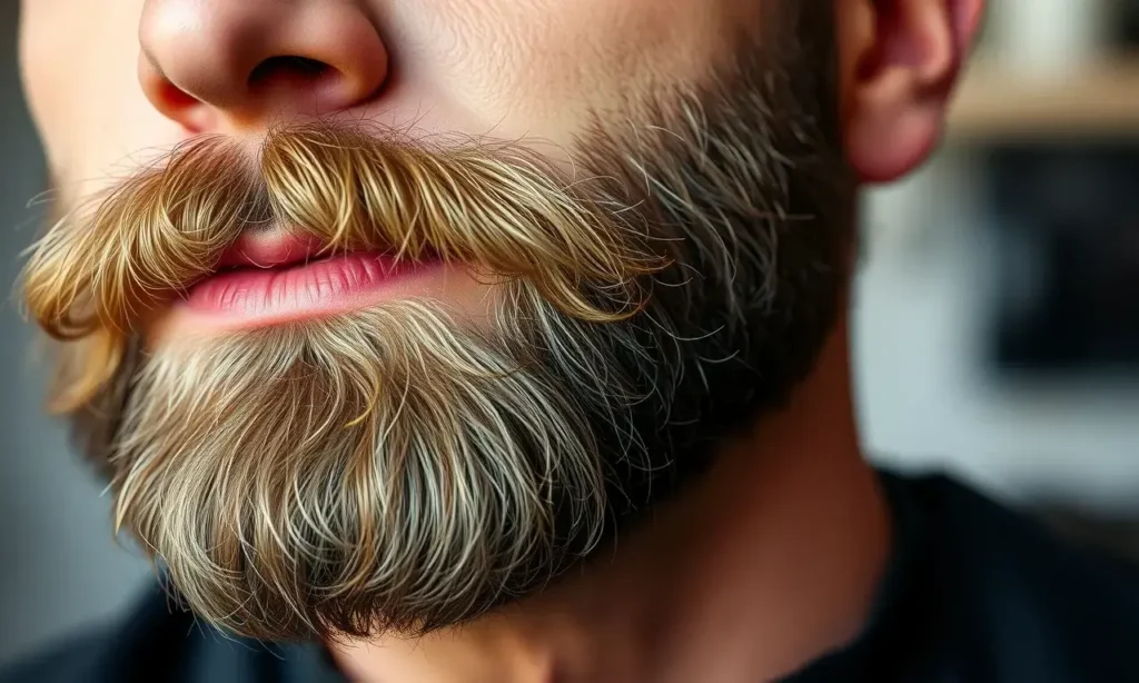 A close-up shot of a man with a well-groomed beard and mustache. The focus is on the texture and health of the facial hair. Soft, natural lighting highlights the details. The background is blurred, suggesting a professional grooming setting.