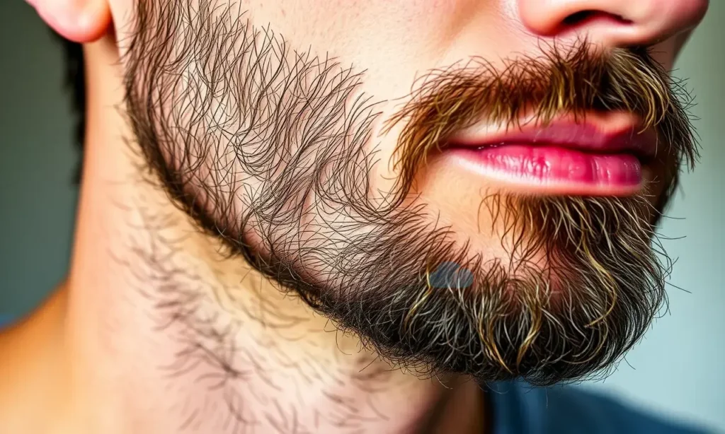 A close-up, high-quality photograph of a man's lower face and neck, focusing on the skin beneath a well-groomed beard. The skin shows visible signs of dryness and flaking (dandruff) specifically in the area under the chin and jawline, contrasting with the healthy-looking beard hair. The lighting is soft and natural, highlighting the texture of the skin and the issue being addressed.