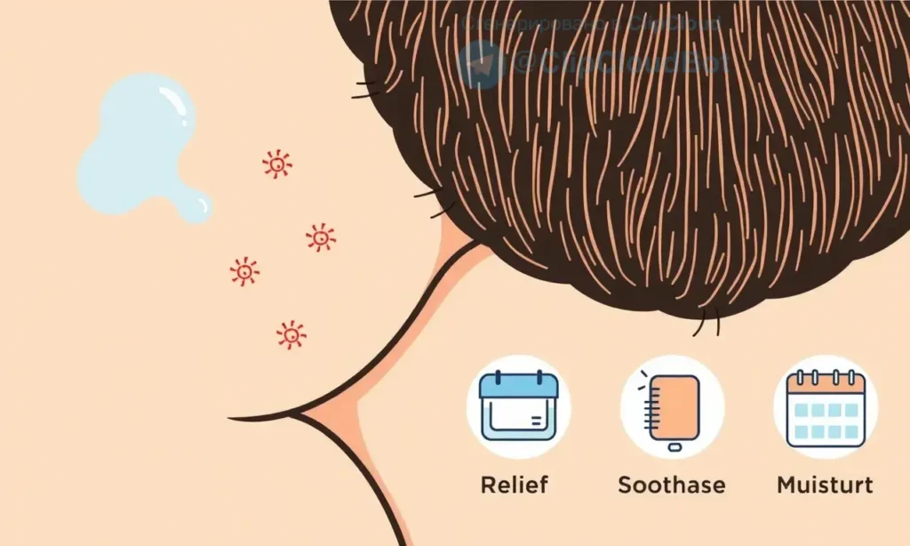 A close-up illustration showing a man's face with a beard, focusing on the skin under the beard where itching and dryness occur, with visual cues like small red patches and flaky skin, alongside simple icons representing relief (such as a soothing gel, moisturizer, and a calendar for time-based care), in a clear, instructional style