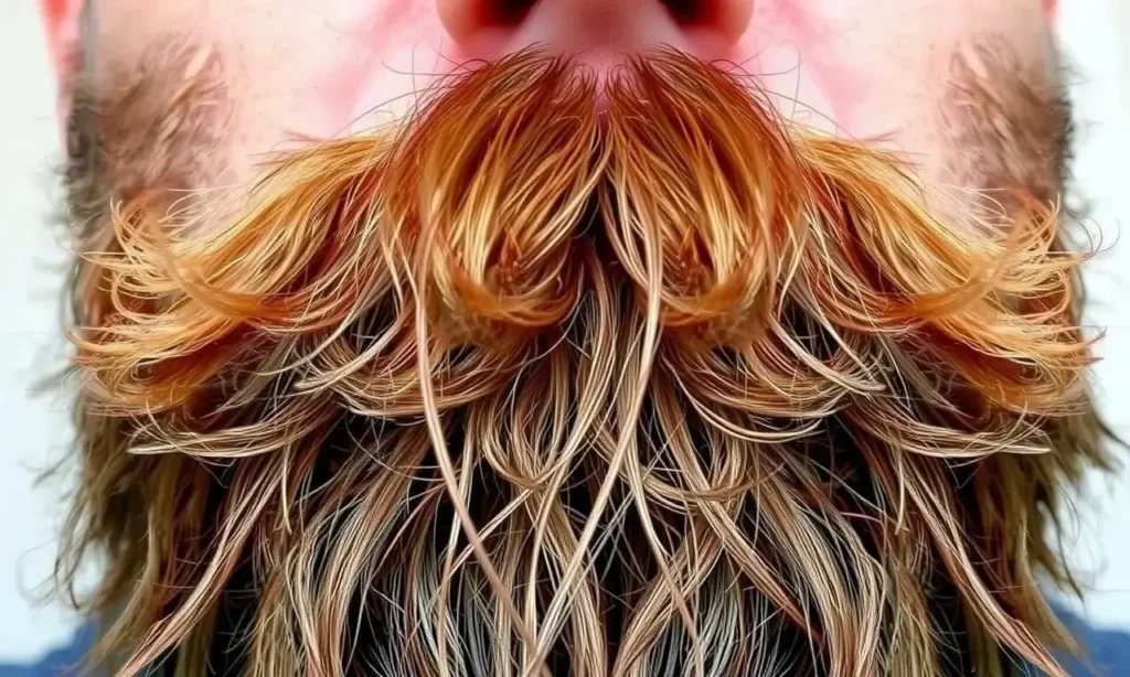 A close-up of a well-groomed beard with dry ends, showcasing the contrast between the healthy, moisturized parts and the dry, brittle tips. The beard should appear full and thick, with a focus on the texture and condition of the hair. The background should be neutral and uncluttered to keep the attention on the beard.