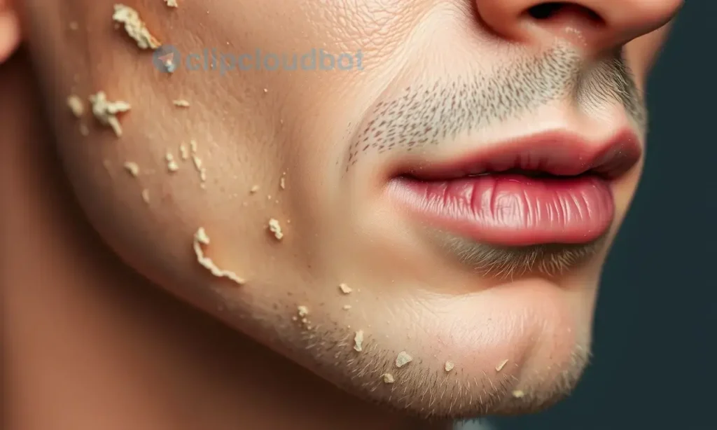 Close-up image of a man's chin and jawline. The skin should appear slightly dry and flaky, with subtle texture showing small patches of peeling skin. Focus on the natural skin tones and texture. Soft, diffused lighting.