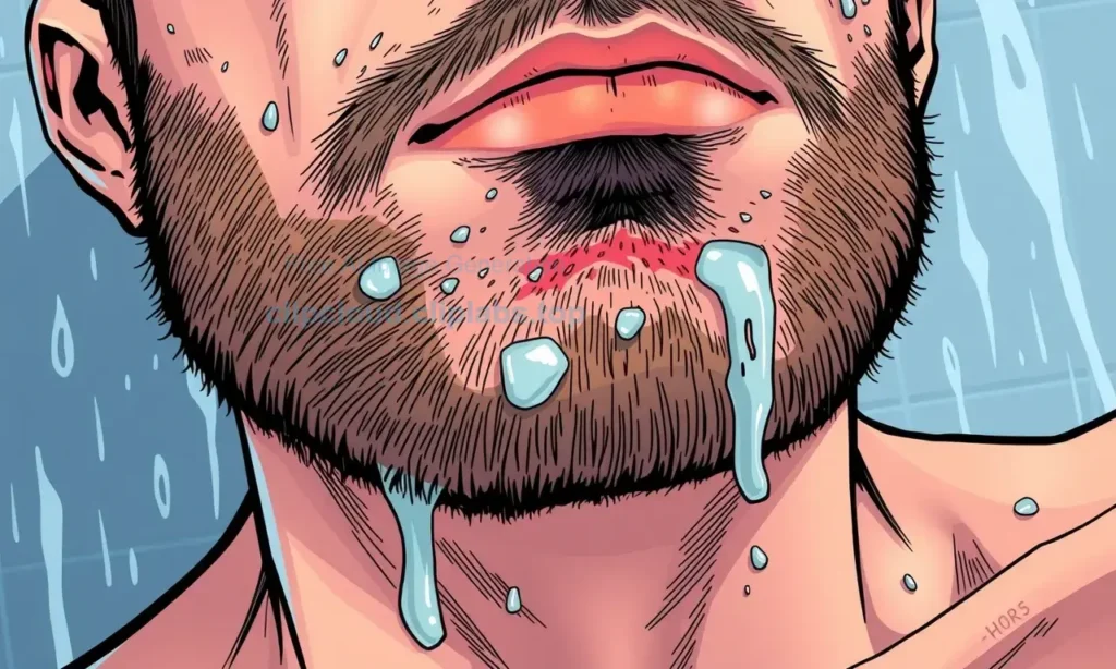 A close-up illustration showing human skin under a beard area with visible flaking and peeling after a shower, depicting dry, scaly patches on the chin and jawline, with water droplets on the skin and a steamy bathroom background, in a clear, detailed comic book style