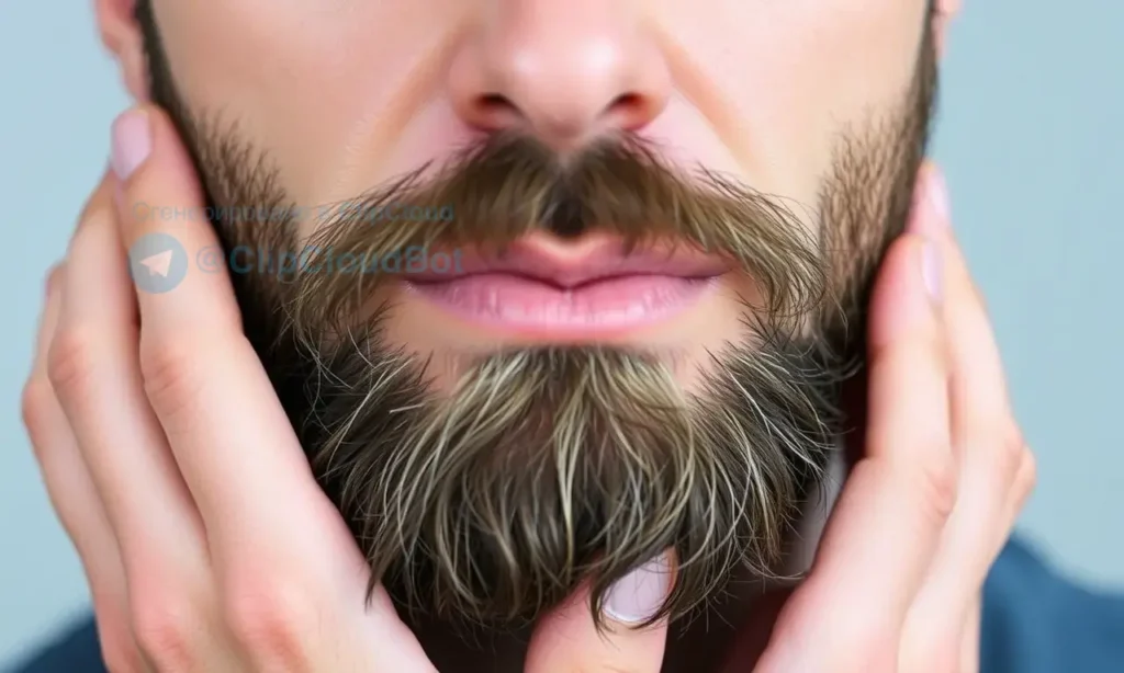 A close-up of a man's face with a well-groomed beard, focusing on the skin underneath. The skin should appear slightly tight and red, indicating discomfort. The man should have a concerned expression, gently touching the area under his beard. The background should be neutral and out of focus to keep the attention on the skin and beard.
