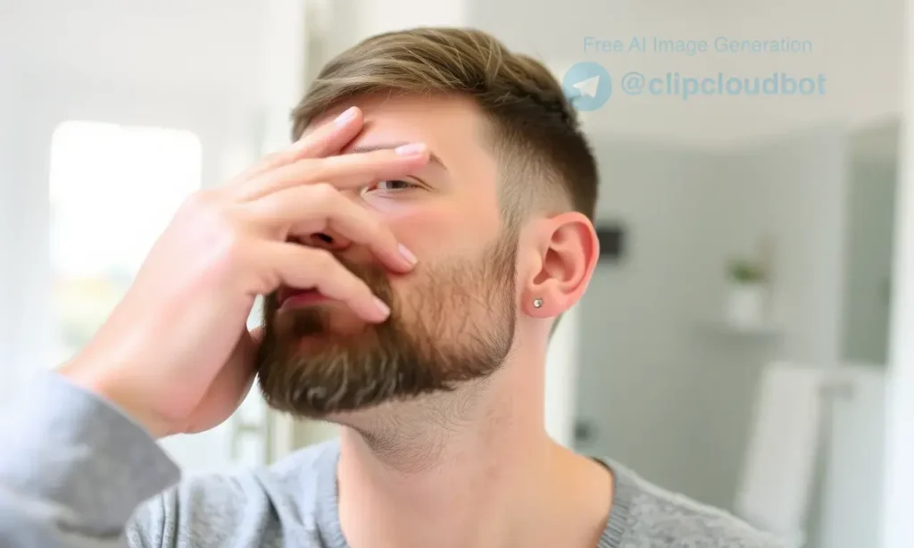 A man in the early stages of growing a beard, with soft and comfortable stubble. The image should show the man touching his face to feel the softness of his stubble. The setting should be casual and relaxed, perhaps in a bathroom or a cozy room with good lighting.