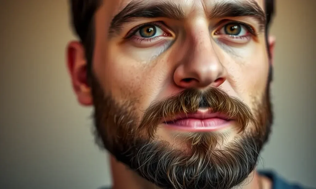 A close-up portrait of a man with a well-groomed beard and mustache. The focus is on the texture and detail of the facial hair. Soft, natural lighting highlights the beard's color and density. The background is blurred and neutral, drawing attention to the subject's face.