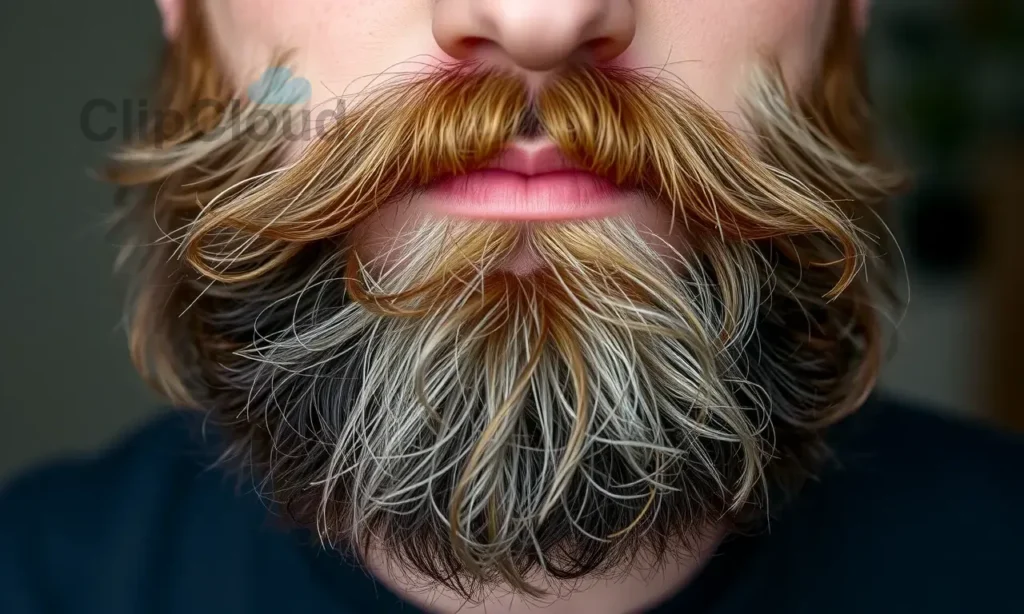 A close-up, high-resolution portrait of a man with a thick, well-groomed beard that is visibly frizzy and standing out in multiple directions, illustrating the concept of 'beard frizz'. The image should focus on the texture and unruly nature of the facial hair against the skin.