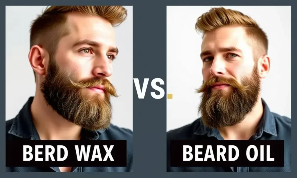 A well-groomed man with a neatly styled beard, showcasing the application of beard wax and beard oil. The image should depict the man in the morning applying beard wax to shape and hold his beard, and in the evening applying beard oil to moisturize and soften it. The beard should look healthy and well-maintained, highlighting the differences in texture and appearance when using wax versus oil.