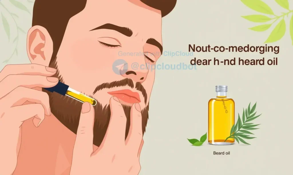 A clean, minimalist illustration of a man with a well-groomed beard applying beard oil gently to his facial hair, with a subtle focus on non-comedogenic ingredients like jojoba and tea tree oil in the background, soft natural lighting, calm and hygienic atmosphere, no acne or skin imperfections visible